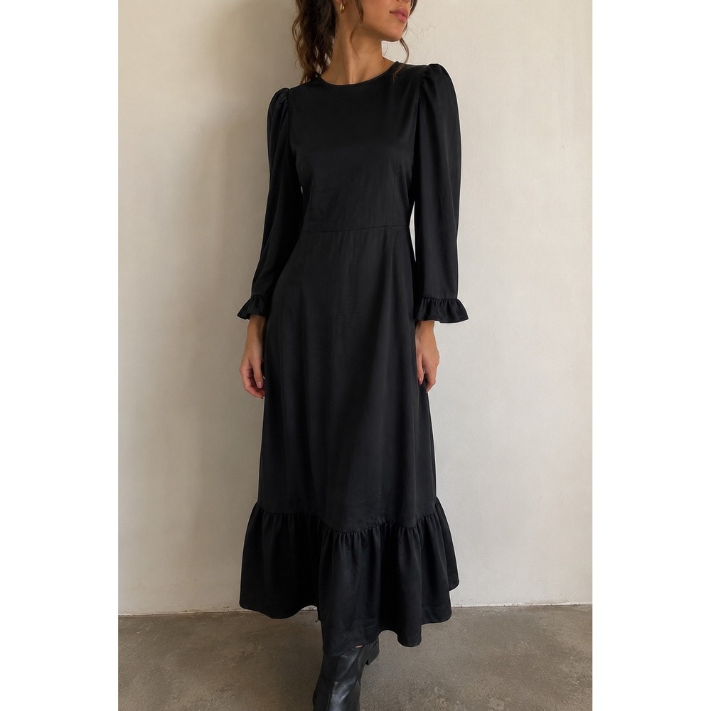 Wilfred Black Gene Dress Satin Ruffle Midi Size 8 Minimalist Dark Academia